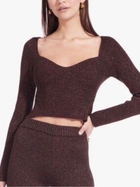 STAUD Cerro Ribbed Sparkle Knit Top in Chocolate Brown Size Small Bustier Blouse